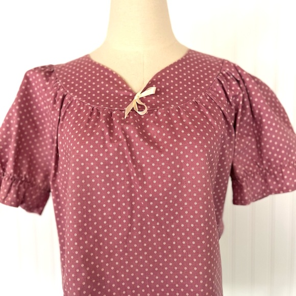 Mondiki Tops - Vintage Pink Polka Dot Peasant Blouse Large Bow Detail Puff Sleeves 100% Cotton
